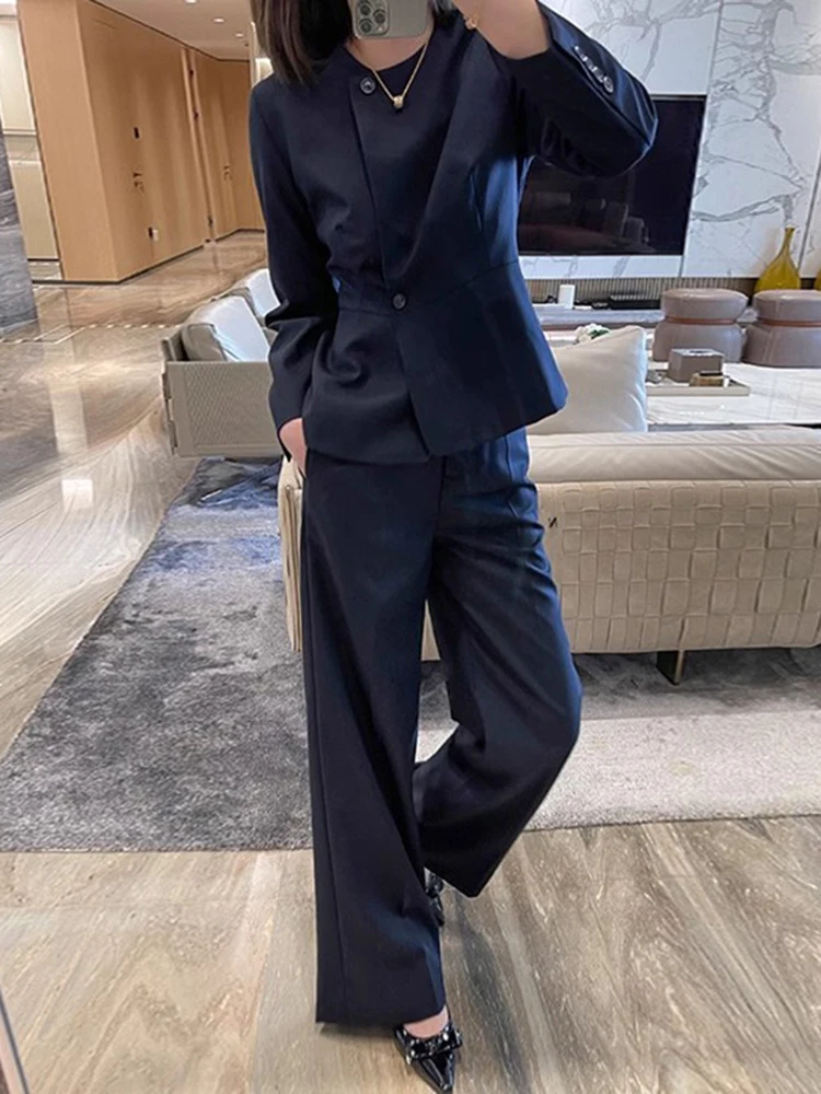 LANMREM Office Lady 2 Piece Set Women Round Neck Long Sleeves Blazer + Wide Leg Pants Fashion 2025 Spring New Clothing 2VV1990