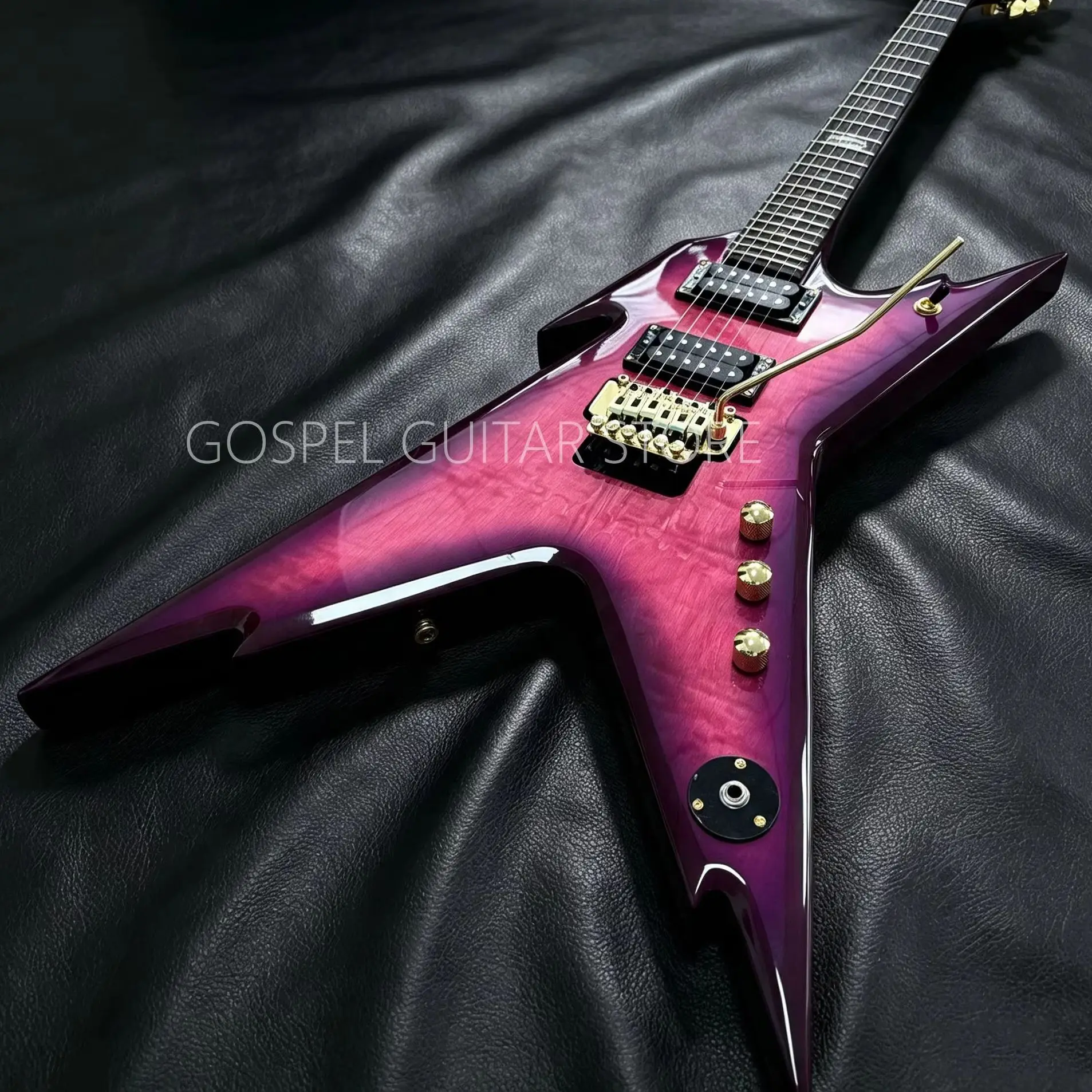 Deambag Electric Guitar with Gradient Purple-Pink Flame Maple Veneer, Two Black Enclosed High-Power Dual Pickups, Golden Double Tuning Pegs, Ebony Fingerboard and White Frets. Available in US Warehouse. Free Shipping.