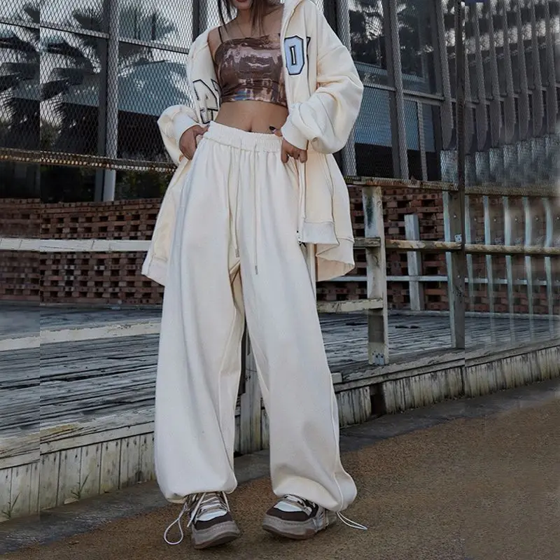 Streetwear Vintage Elastic High Waist Wide Leg Pants Women Solid All-match Fashion Straight Hip Hop Loose Dance Sports Trousers