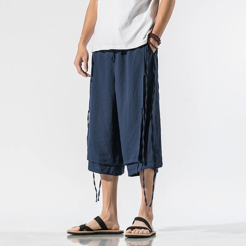 Summer Harem Pants Men Hip Hop Jogger Casual Sweatpants Mens Solid Loose Chinese Style Calf-Length Pants Elastic Waist Trouserse