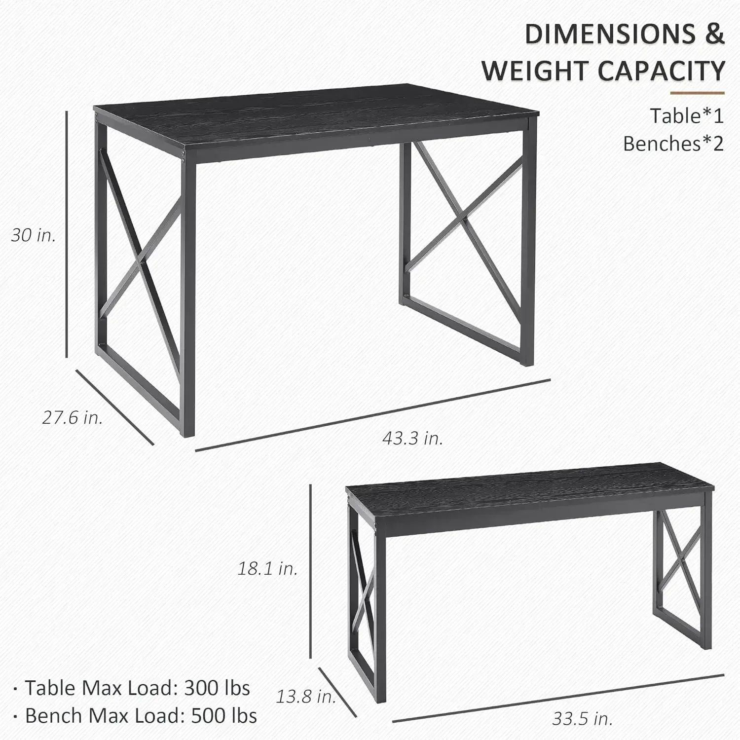 Kitchen Table with 2 Benches for 4, Wood Dining Room Dinette Sets with Metal Frame for Breakfast Nook and Small Space, Black