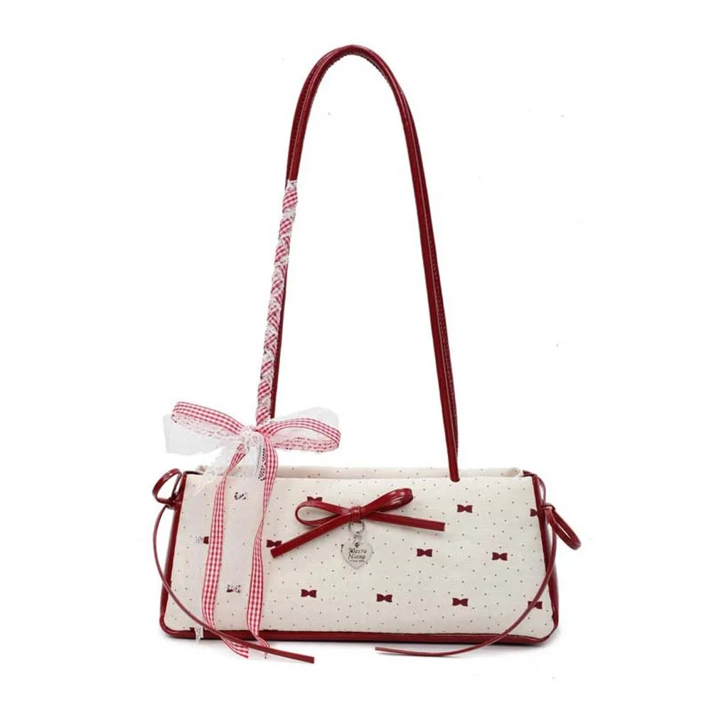 

Sweet French Stick Handbag Contrast Color Large Capacity Bow PU Shoulder Bag Korean Style Lace Ribbon Underarm Bags Girls