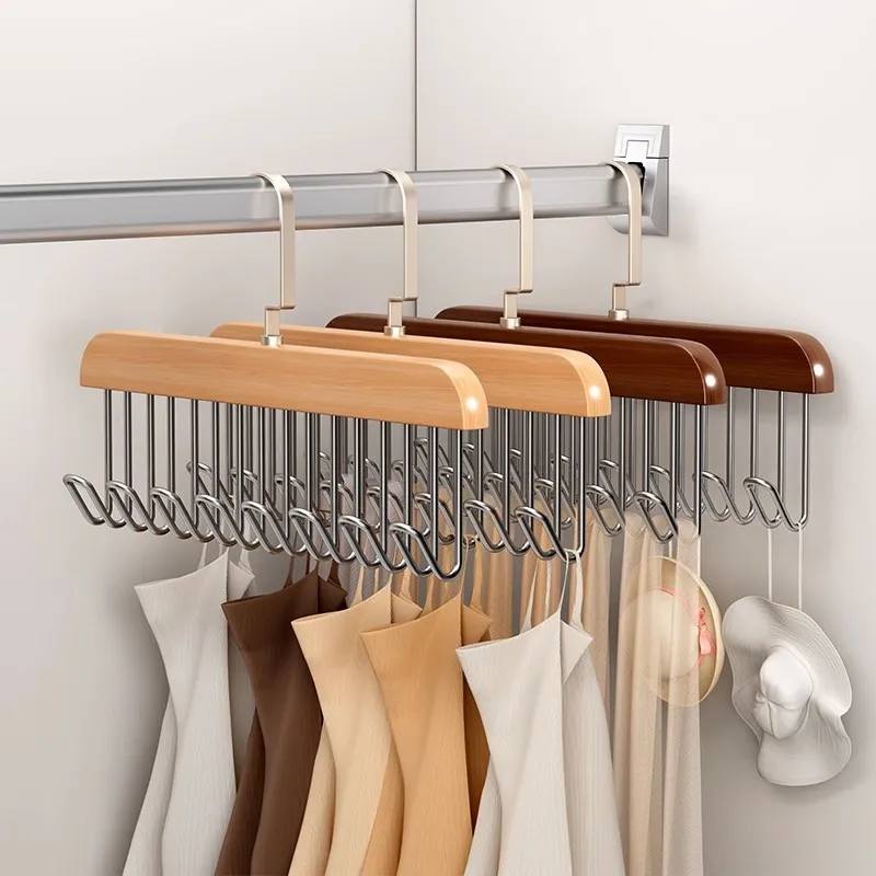 Wooden suspender wave hanger multifunctional clothes rack wardrobe underwear storage artifact household solid wood hook.