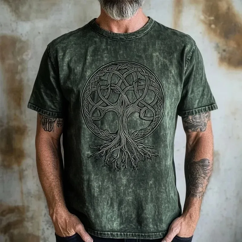Retro-Style Sacred Tree Print Men's T-Shirt Outdoor Sports & Fitness Short-Sleeve Top Casual & Fashionable Everyday Top