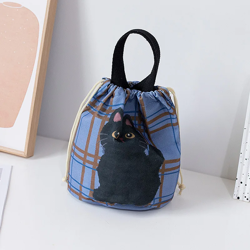 Cat Pattern Cooler Lunch Box Portable Insulated Canvas Lunch Bag Thermal Food Picnic Drawstring Lunch Bags For Women Kid