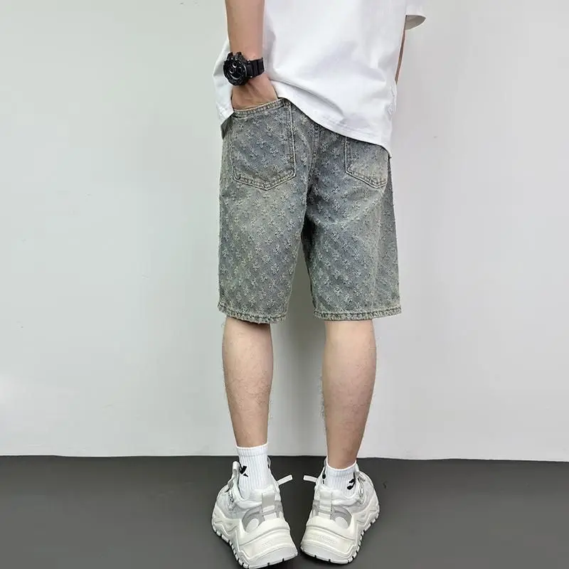 2025 New American High Street Jacquard Ripped Summer Loose Straight Retro Five-point Denim Shorts
