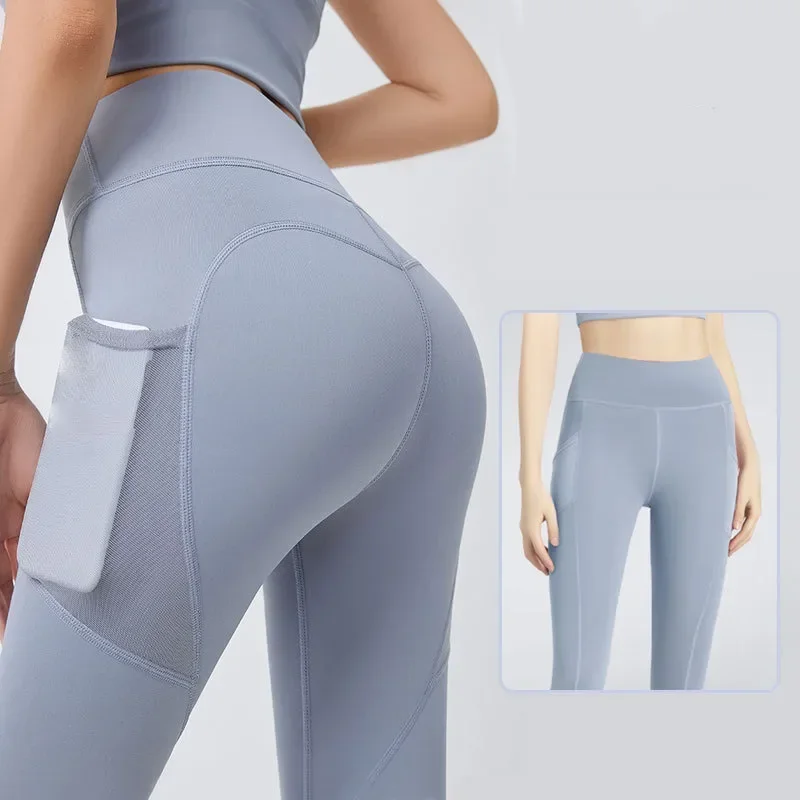 Indossare glutei alla pesca Base da corsa sottile e ad asciugatura rapida sollevamento glutei sport tasche laterali in rete attillate pantaloni da Yoga