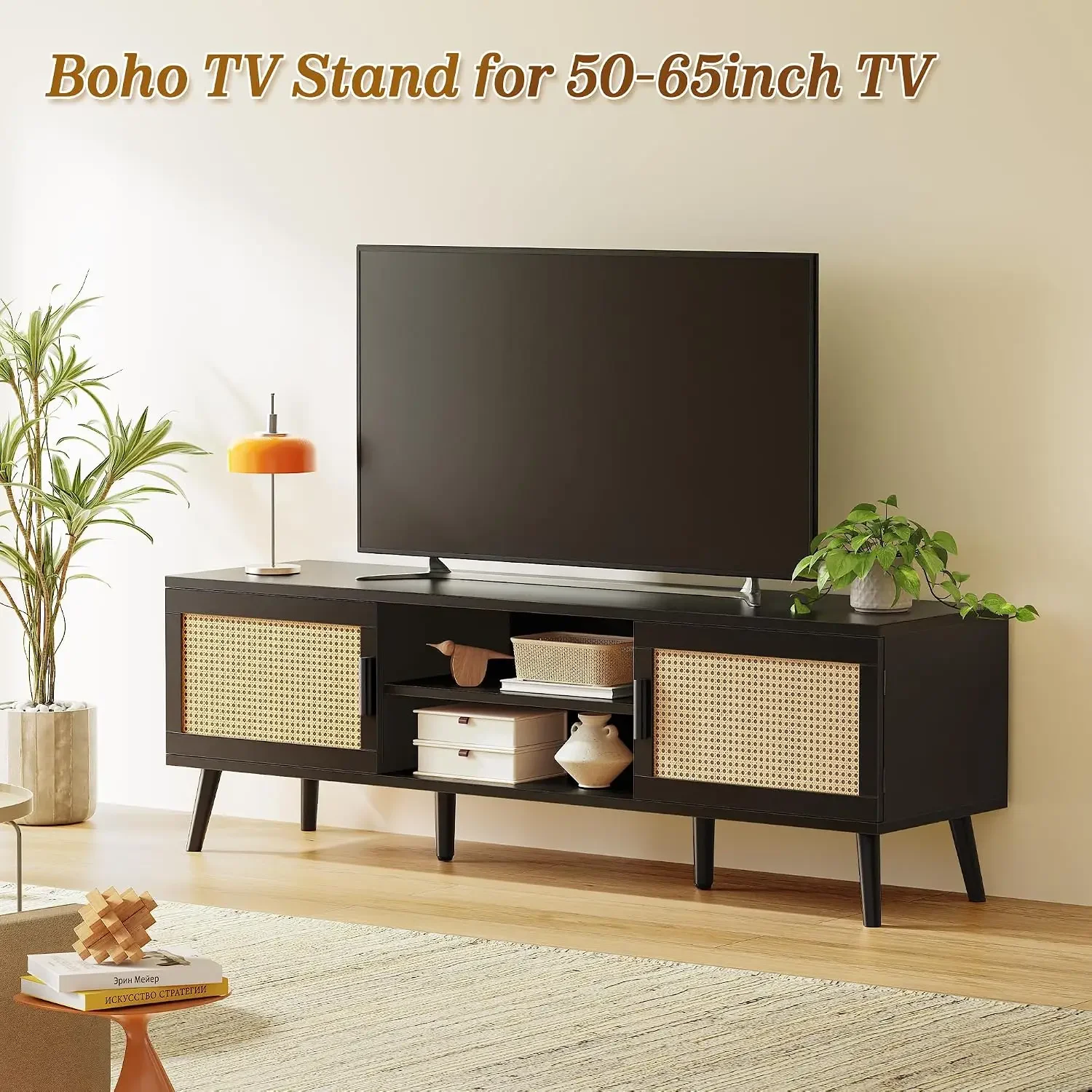 TV Stand for 65 Inch TV, Entertainment Center with Adjustable Shelf, Rattan TV Console with 2 Cabinets, Media Console, Solid Woo