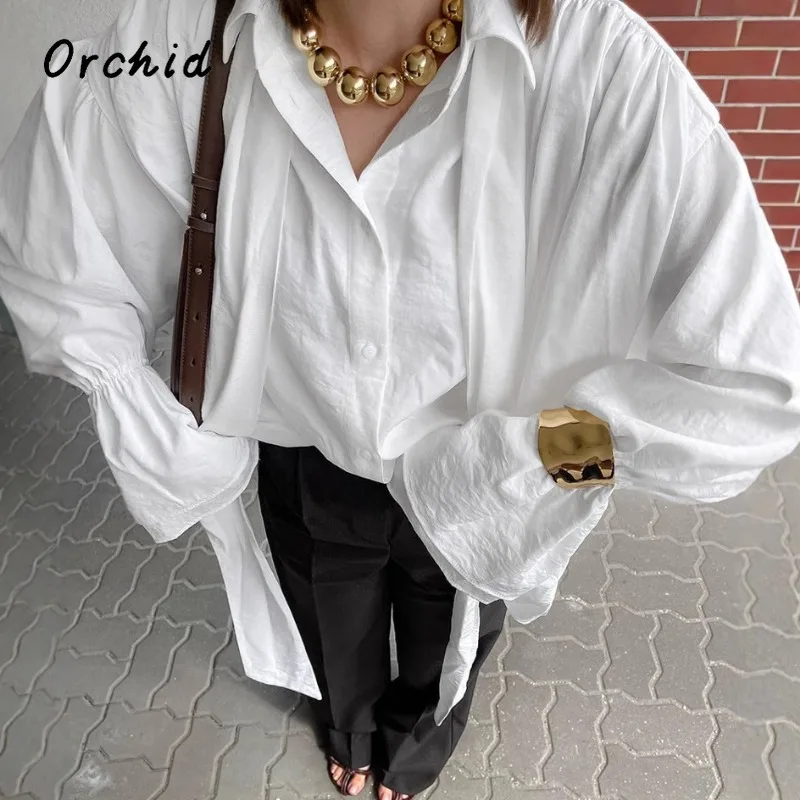 

Women's Casual Fashion Solid Color Loose Single Breasted White Shirt French Style Turn-Down Collar Flared Sleeve Blouse Top