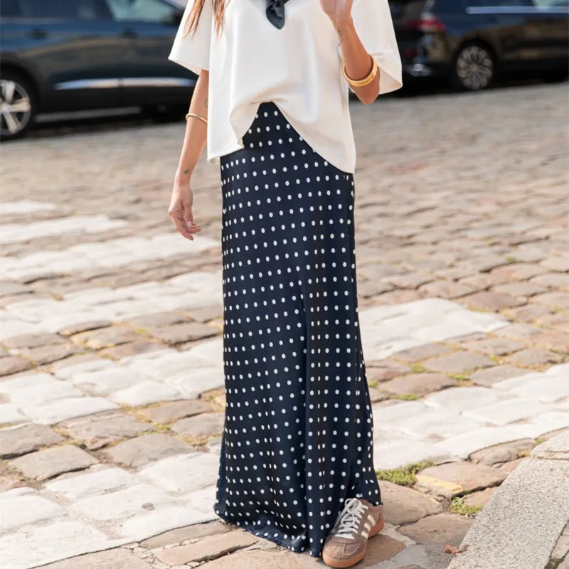 Femmes été élégant soyeux Y2k Vintage à pois imprimé pure dentelle florale garniture ourlet Patchwork Satin soie a-ligne jupes longues