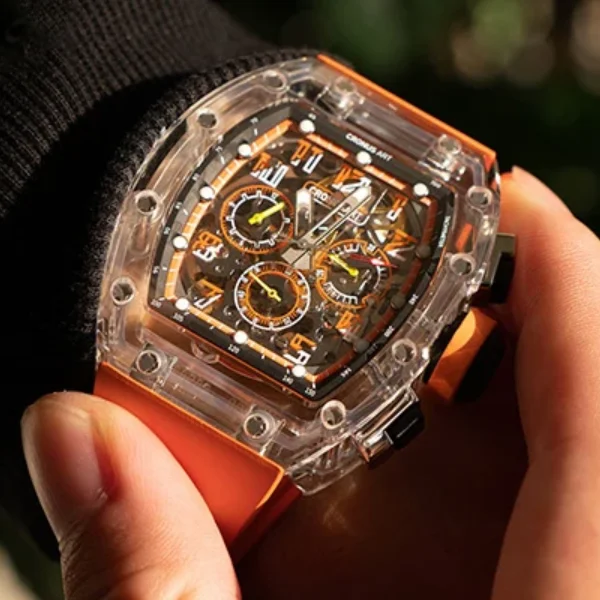 CRONUSART Men Chronograph Watch Tonneau Automatic Mechanical Wristwatch Sapphire Case & Mirror Luminous FKM Strap Skeleton Dial