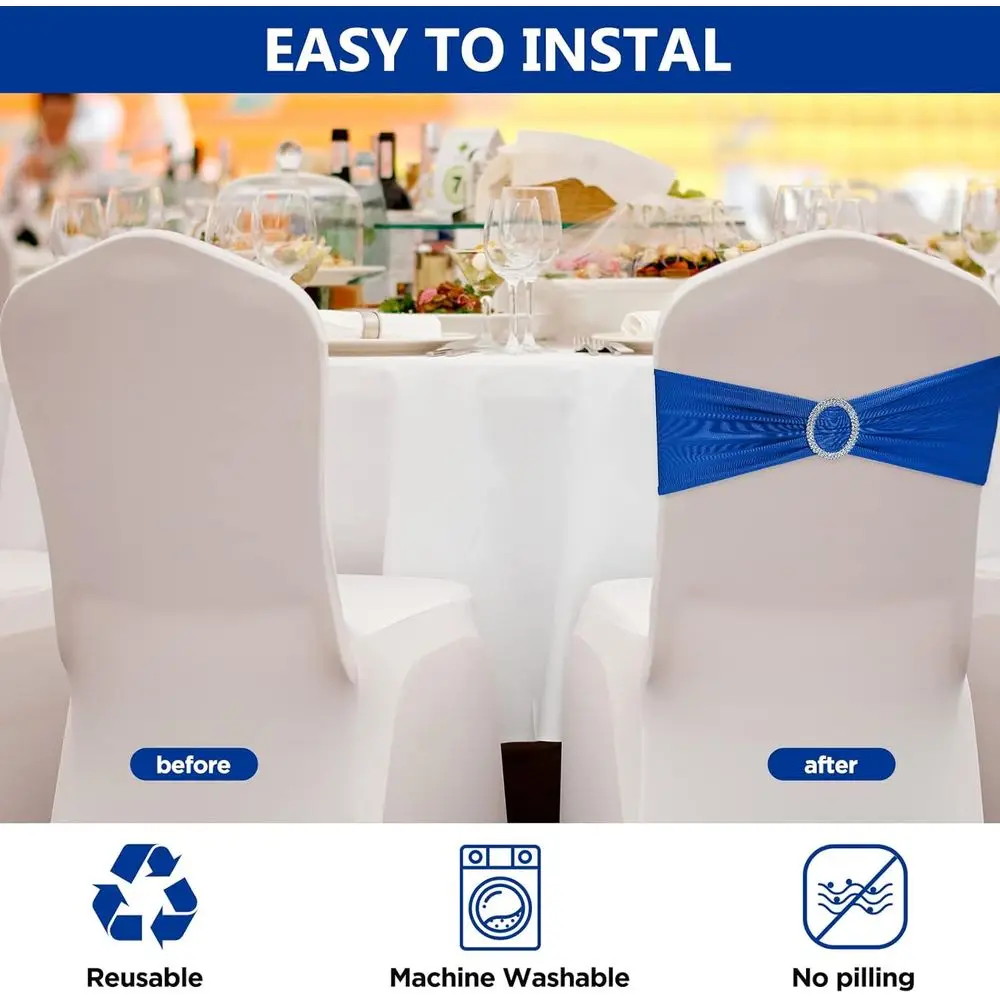 Fajas para sillas de spandex de 150 piezas con deslizadores de hebilla para bodas y banquetes - Bandas decorativas elásticas azules
