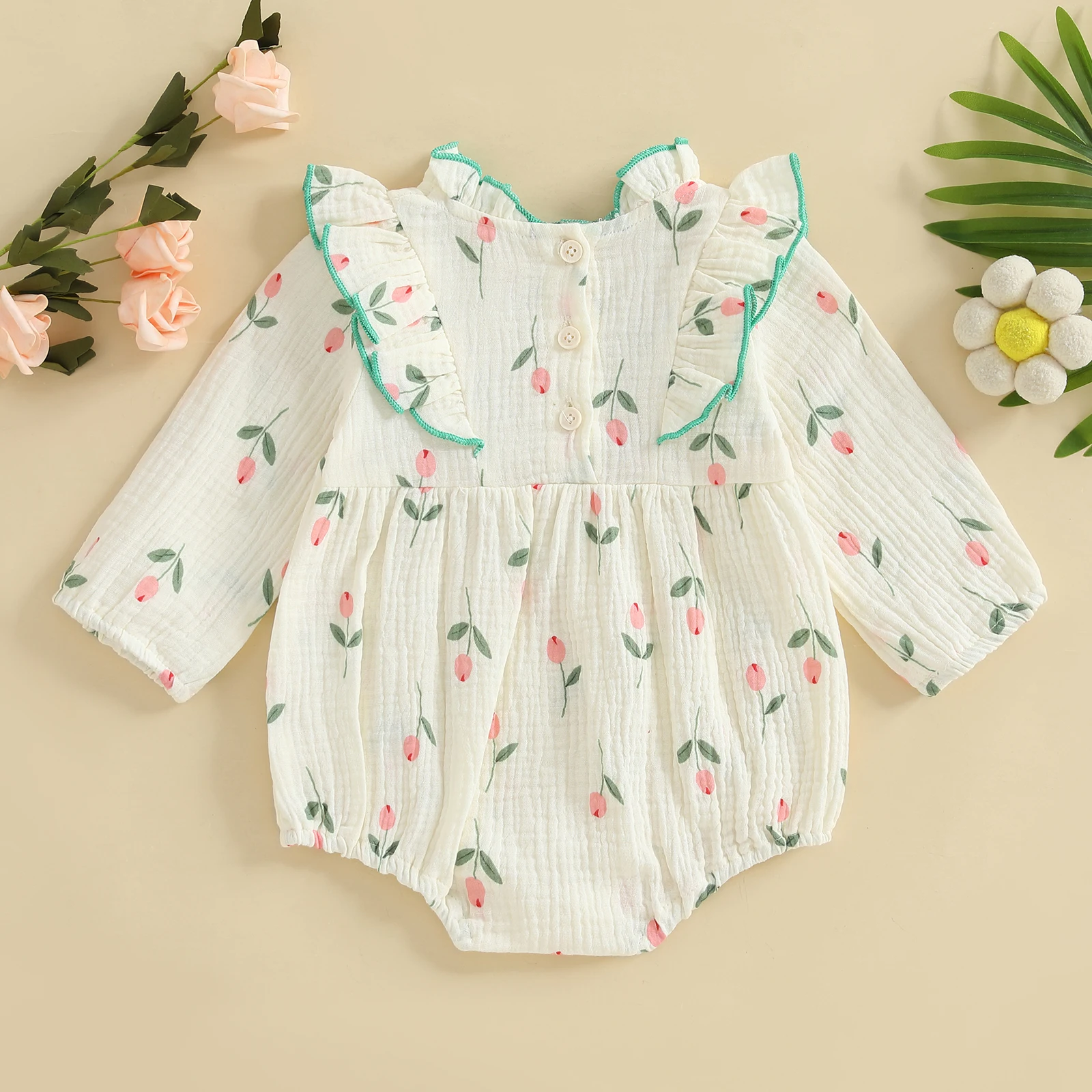 

VISgogo Baby Girls Fall Romper Casual Floral Print Ruffles Long Sleeve Jumpsuits for Newborn Infant Fashion Clothes