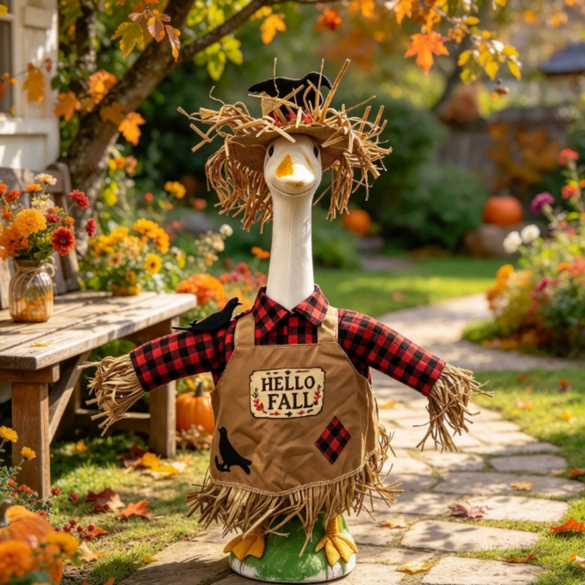 Porch Goose Scarecrow Outfit Plaid Clothes Straw Hat for 23-inch Statue