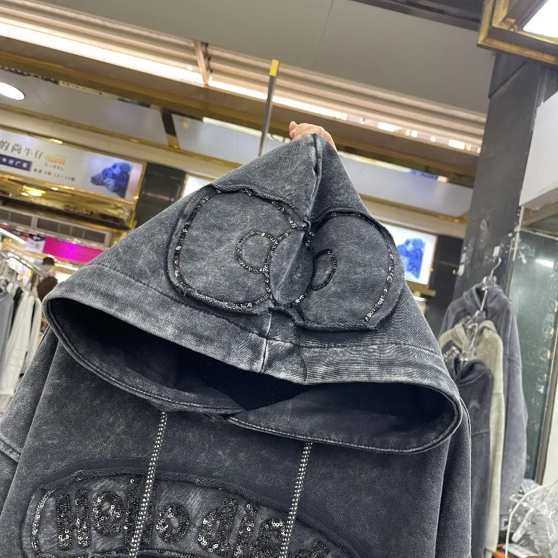 2025 Autumn New Heavy Patchwork Glasses Cartoon Sweatshirt Coat Women's Loose Slimming Versatile Age-Reducing Pullover Sudaderas