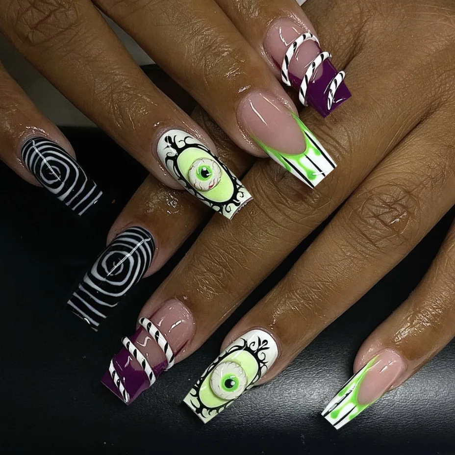Uñas postizas largas de ballet para Halloween 2025, diseño de novia zombie, fantasma, calabaza, uñas falsas reutilizables 5