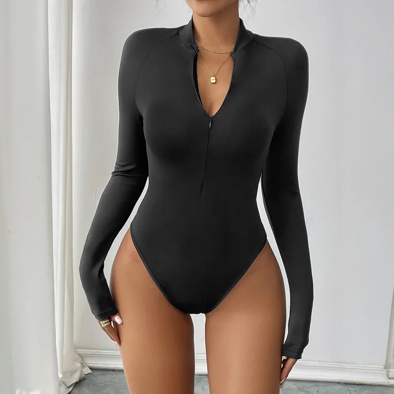 

New Sexy Casual Simple Half Zipper Stand Up Collar Long Sleeved Solid Color Jumpsuit
