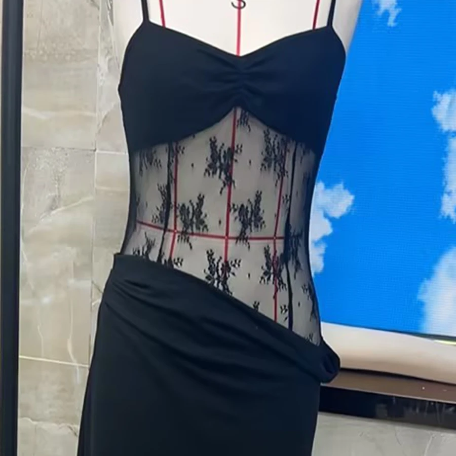 Elegant Women Patchwork Lace Cami Dress Slim Cut Out Sweetheart Neck Spaghetti Strap Backless Long Dress for Party Club