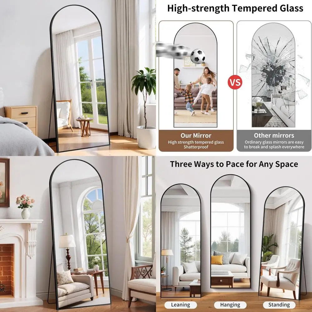 Espelho de chão arqueado de comprimento total 65x24, vidro nano com moldura de alumínio, espelhos de porta para vestir de corpo inteiro, decoração elegante de casa