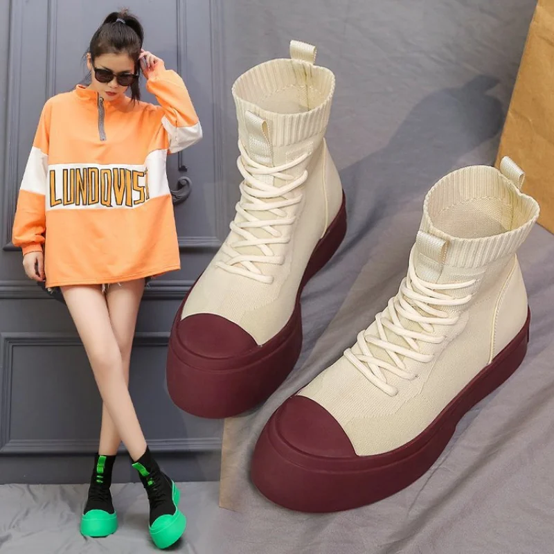 High-top Cloth Shoes Spring and Autumn Leisure Thick Bottom Ins Tide Breathable Socks Short Boots Women\'s Shoes Single Boots