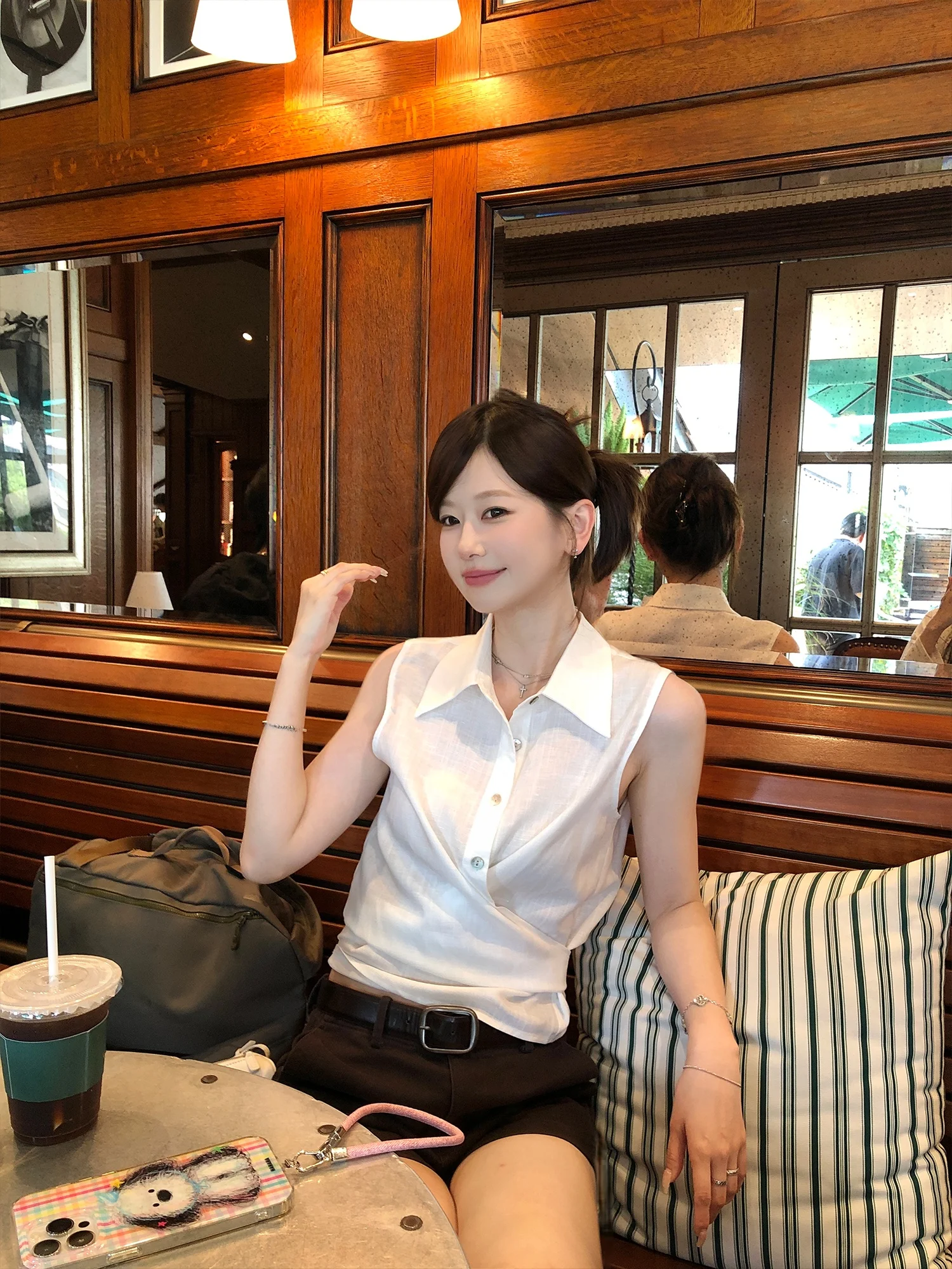 

Льняная рубашка KOYEE с перекрестными лямками, корейский стиль, приталенный крой, короткий рукав, дышащая, приятная к телу, летняя женская рубашка