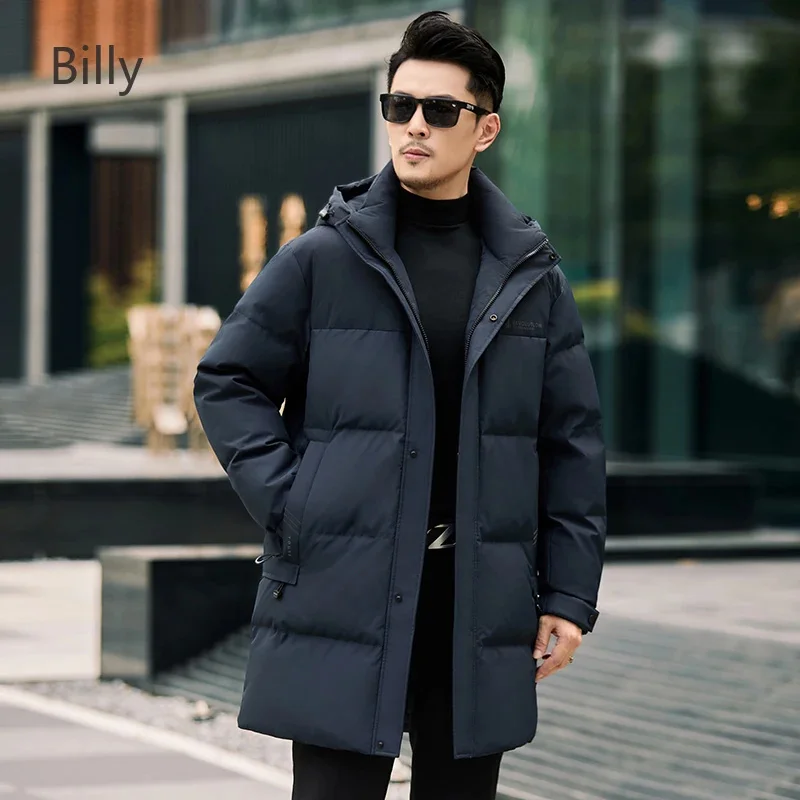 Milk Silk Men's Winter Long Down Jacket Removable Hat 2025 Designer Clothes Men Duck Padding Padded Male Coat