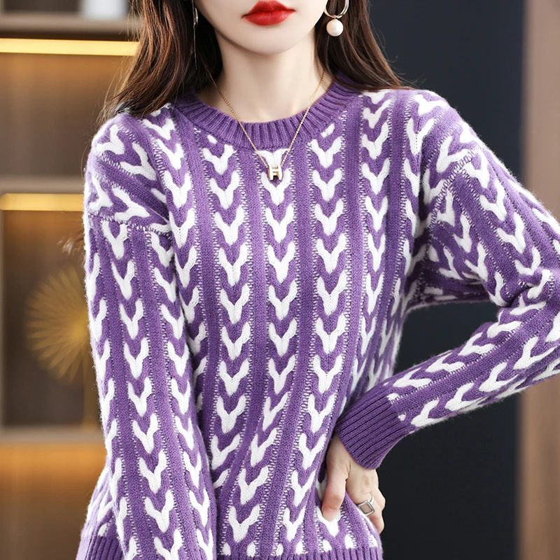 

Round Neck Knitted Color Block Women's Sweater 100% Pure Wool Autumn Winter New Pullover Comfortable Loose Top Women's Clothing