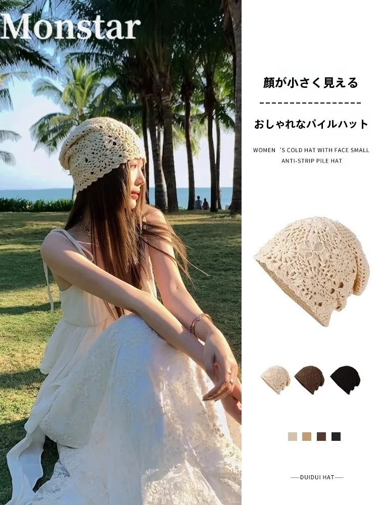 monstar-japanese-style-knitted-flower-headcap-women's-summer-thin-large-head-circumference-small-face-visor-cap-casual-pattern