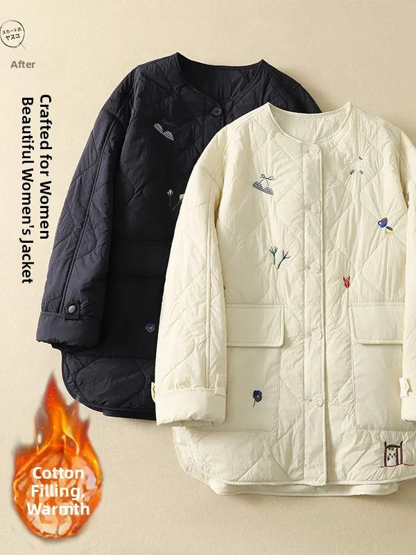 

Женская легкая хлопковая куртка с вышивкой, свободного кроя, с воротником, зимнее пальто в корейском стиле, модное, с длинными рукавами