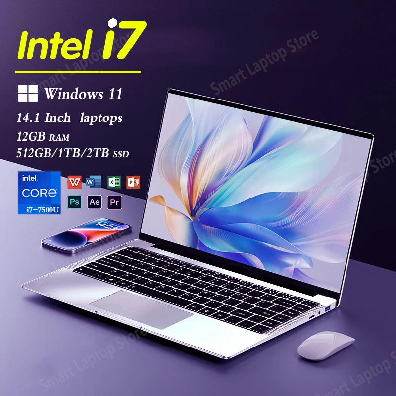 

2025 Ultra Slim i7 Портативный компьютер 14,1 дюйма Intel Core i7 7500U Ноутбуки 12 ГБ ОЗУ 1 ТБ 2 ТБ SSD Портативный ноутбук Ноутбук Windows 11