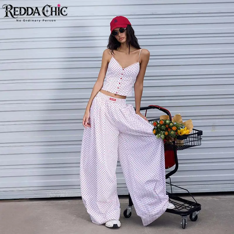 ReddaChic Summer Camisole Lounge Pants Matching Set Holiday Polka Dots Baggy Balloon Pants V-neck Cropped Top Y2K Women Clothes