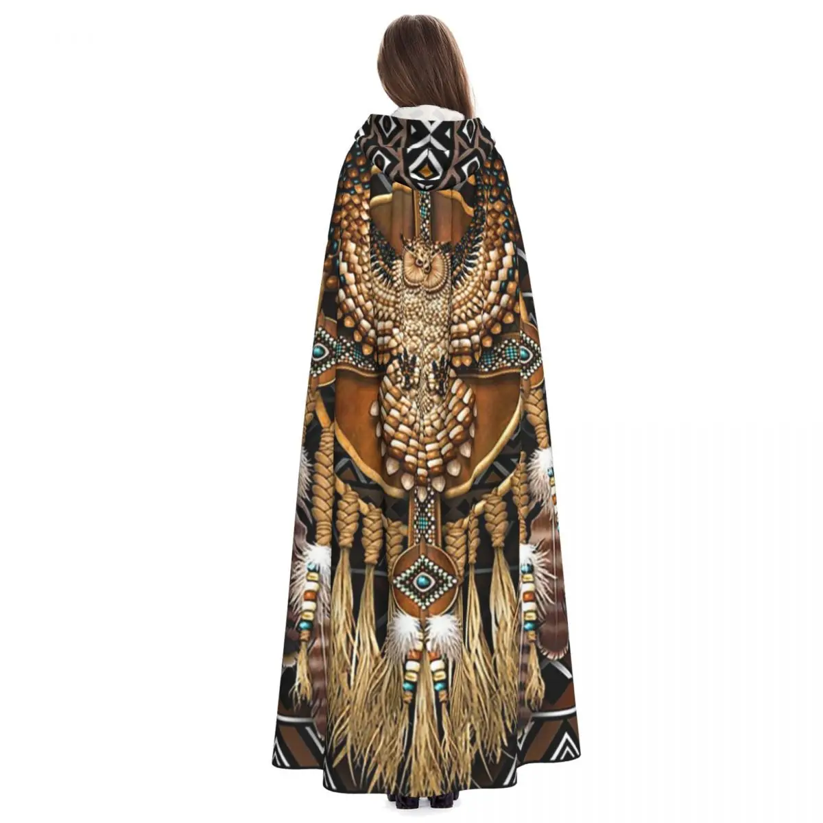 Unisex Nativo Americano Coruja Tribal Longo Capa com capuz, Bruxa Costume Medieval, Capa Cosplay, Halloween Vampiro, Adulto