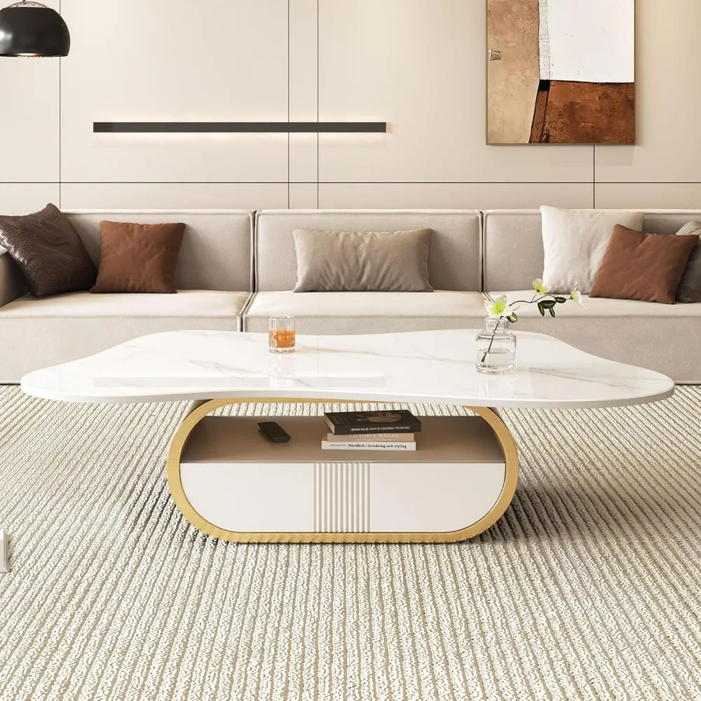 Modern Cloud Coffee Table Luxury Sintered Stone Top Coffee Table with Sculptural Geometric Stainless Steel Base