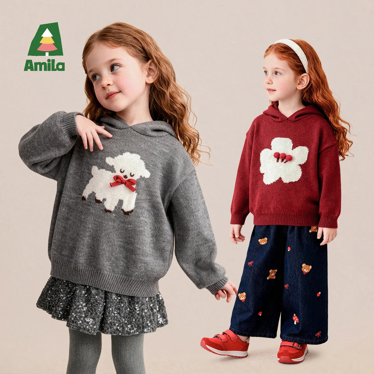 Amila 2026 Winter New Kids Sweater Pastoral Style Hooded Jacquard Warm Extra Soft Cozy Comfortable Warm Daily Knitted Top