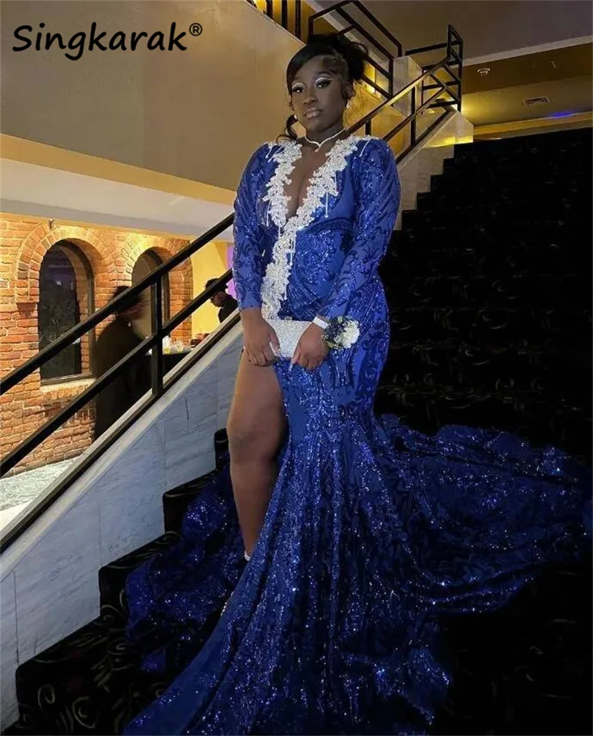 Azul real sereia longo baile de formatura vestido elegante grânulo lantejoulas vestido diamantes noite robe vestidos de festa de aniversário personalizado