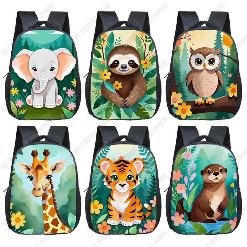 12 Inches Watercolor Animals Children Backpack Cartoon Giraffe Owl Panda Koala School Bag Toddler Kindergarten Backpacks Bookbag
