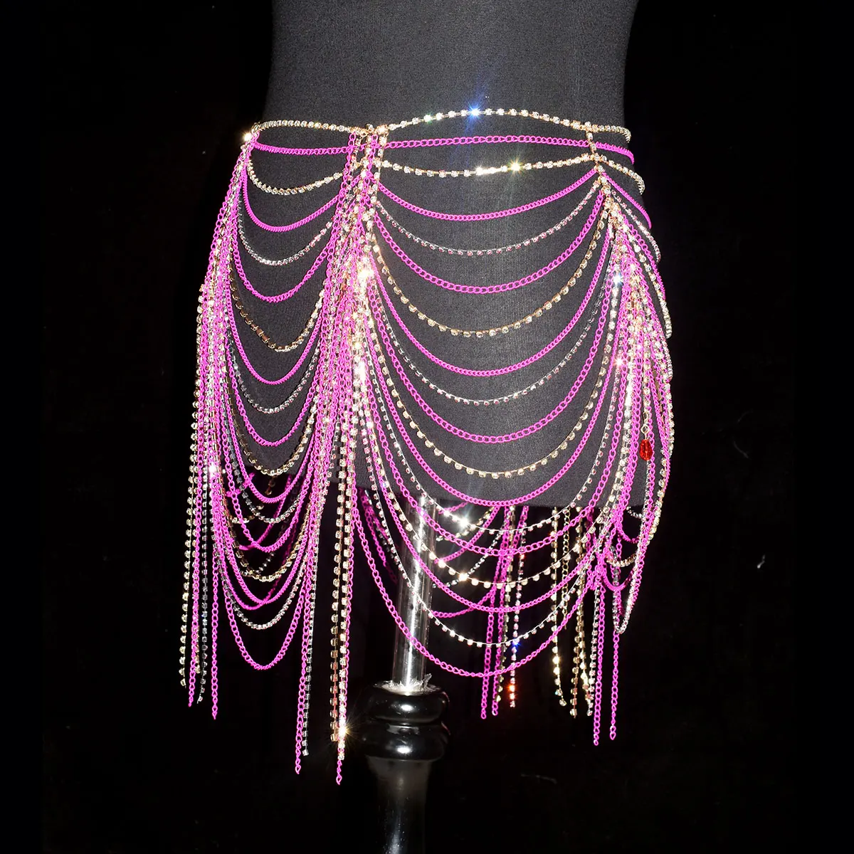 Shiny Women\'s Rhinestone Skirt Sexy  Luxurious Body  Jewelry Rose Red Wais stage Performance Music Festival Party  Costume Chain