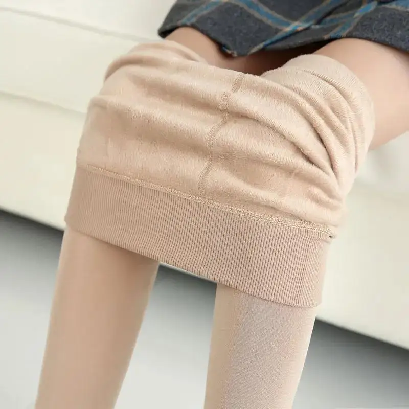 Leggings de felpa y piel de cordero engrosada para mujer, medias de cintura alta, pantalones tobilleros de poliéster sólido cálido, Otoño e Invierno