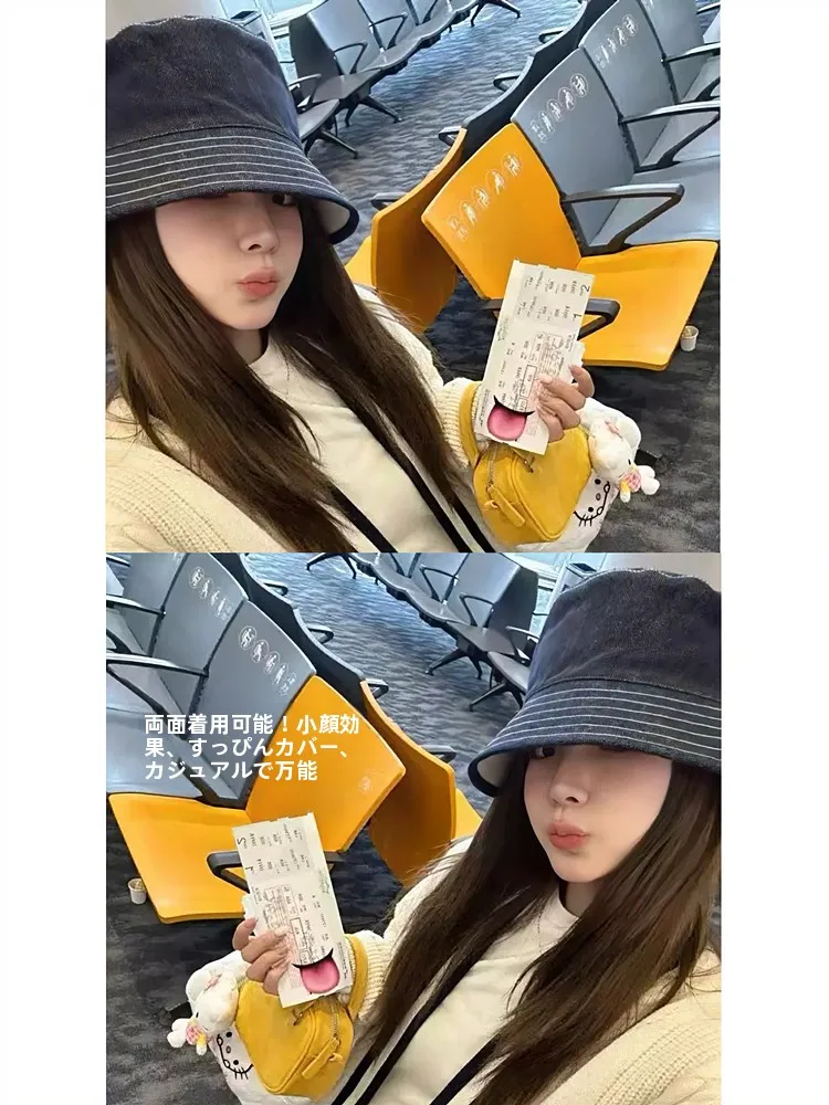 両面デニムフィッシャーマンハット-レディース-小顔効果-日焼け防止帽子-カジュアル-ストリートスタイル-つば広-折りたたみ式-コットンキャップ