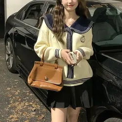 Preppy Style Sweet Sailor Collar Jumpers Women's Clothing Embroidery Autumn Winter Loose Stylish Drawstring Bow Knitted Sweaters