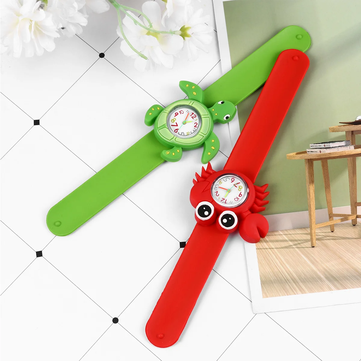 2Pcs Children Watch Marine Animal Cartoon Design Red Crab Green Sea Turtle Creative Kids Wrist Watch Birthday Gift Baby Shower