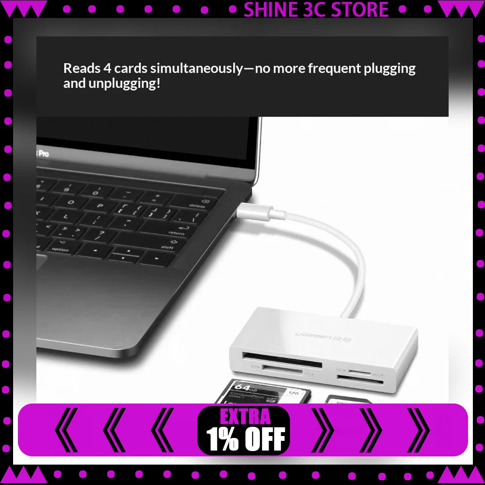 UGREEN 40745 CM102 USB C Card Reader 4 In 1 SD TF CF Memory Card Adapter for Laptop Tablet Phone