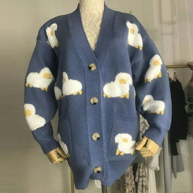 Cárdigan de otoño para mujer, Tops de punto para primavera e invierno, suéter holgado para mujer, abrigo con estampado de ovejas de dibujos animados, chaqueta dulce con cuello en V