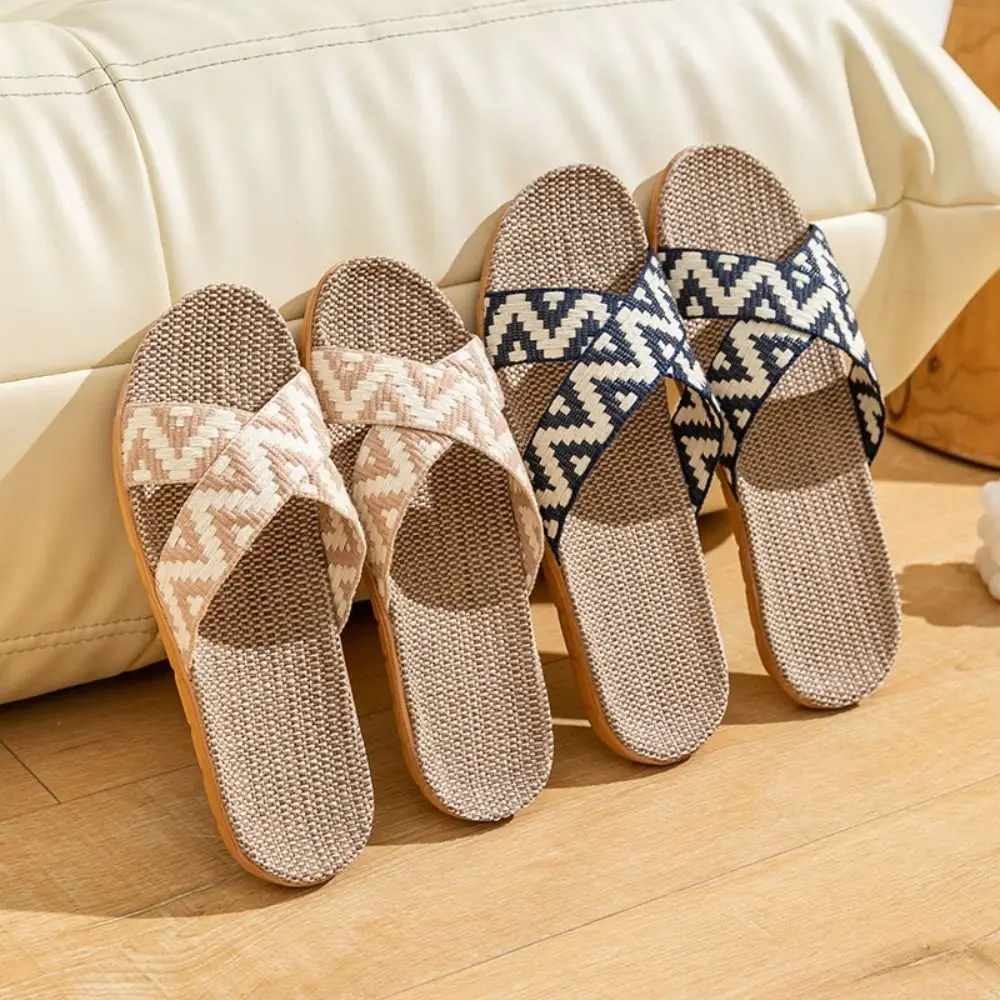 Fashion Ethnic Style Linen Cross Slippers Flax Soft Slides Sandals Non-Slip Shoes Slipper Women Men Indoor view 2