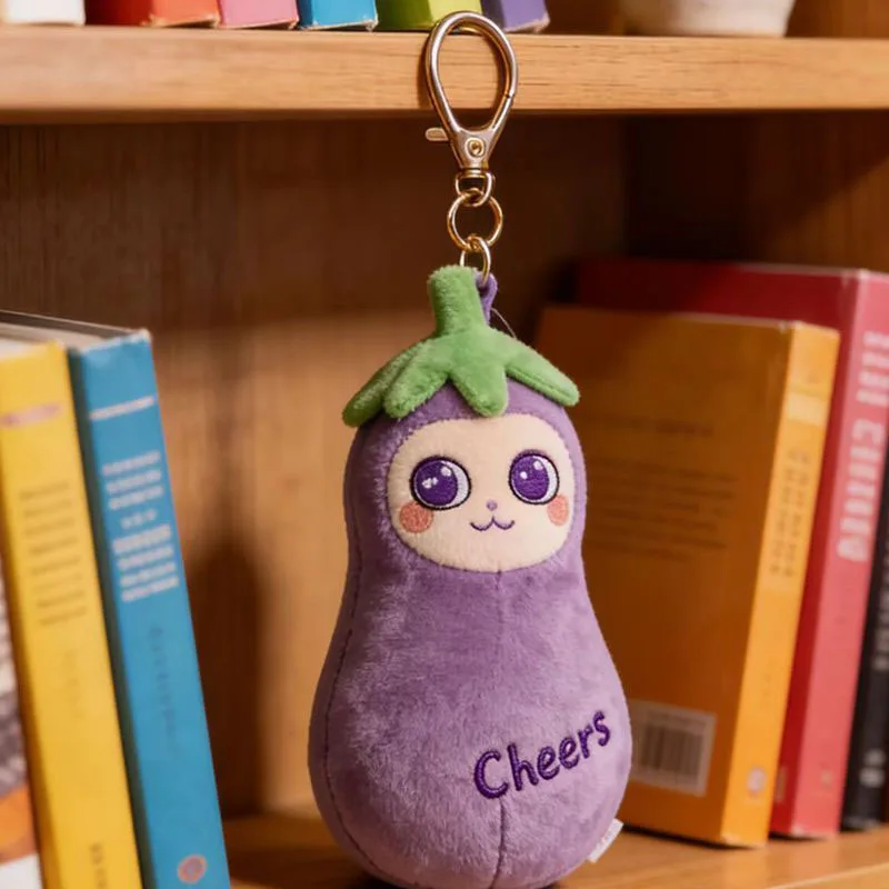 

Cute Eggplant Plush Keychain Purple Vegetable Stuffed Doll Bag Pendant with Cheers Embroidery Cartoon Soft Key Ring Charm Kawaii