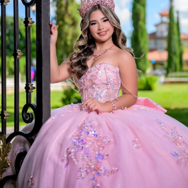 

Shiny Pink Quinceanera Dresses off-shoulder Crystal Glitter Flower Decal Lace Long tail Bow Vestido De 15 Quinceanera Customize