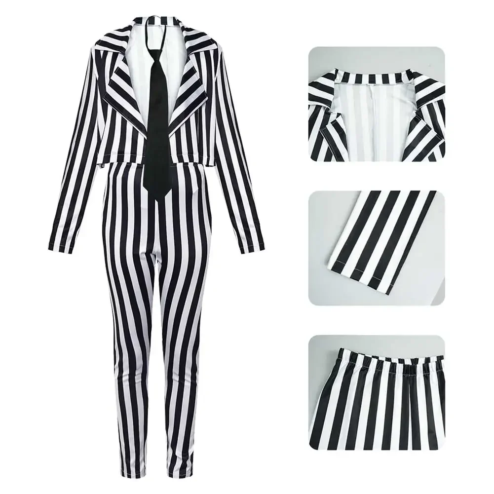 

Halloween Adult Women Horror Scray Cosplay Role Play Black White Vertical Stripes Suit Stage Costume Fantasy Outfits