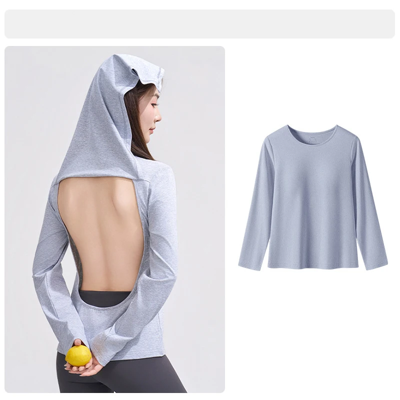 Pure Cotton Sunbathing Clothes Women's Sweat Absorbing Breathable Chest Cushion Outdoor Long Sleeved Backless Top T-Shirt