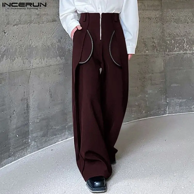 INCERUN 2024 Korean Style Pantalons Men's Exposed Pocket Design Long Pants Casual Streetwear Male Solid Simple Long Pants S-5XL