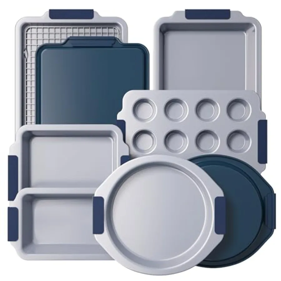 

Nonstick Ceramic Bakeware Set 9 Pieces Heavy Duty Aluminized Steel Bakeware-Baking Pans Set with Silicone Handles Includes Shee